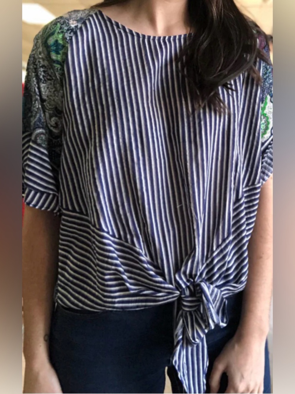 Umgee Top Striped Floral Mixed Print Boho Blue Tie Front Blouse Small
